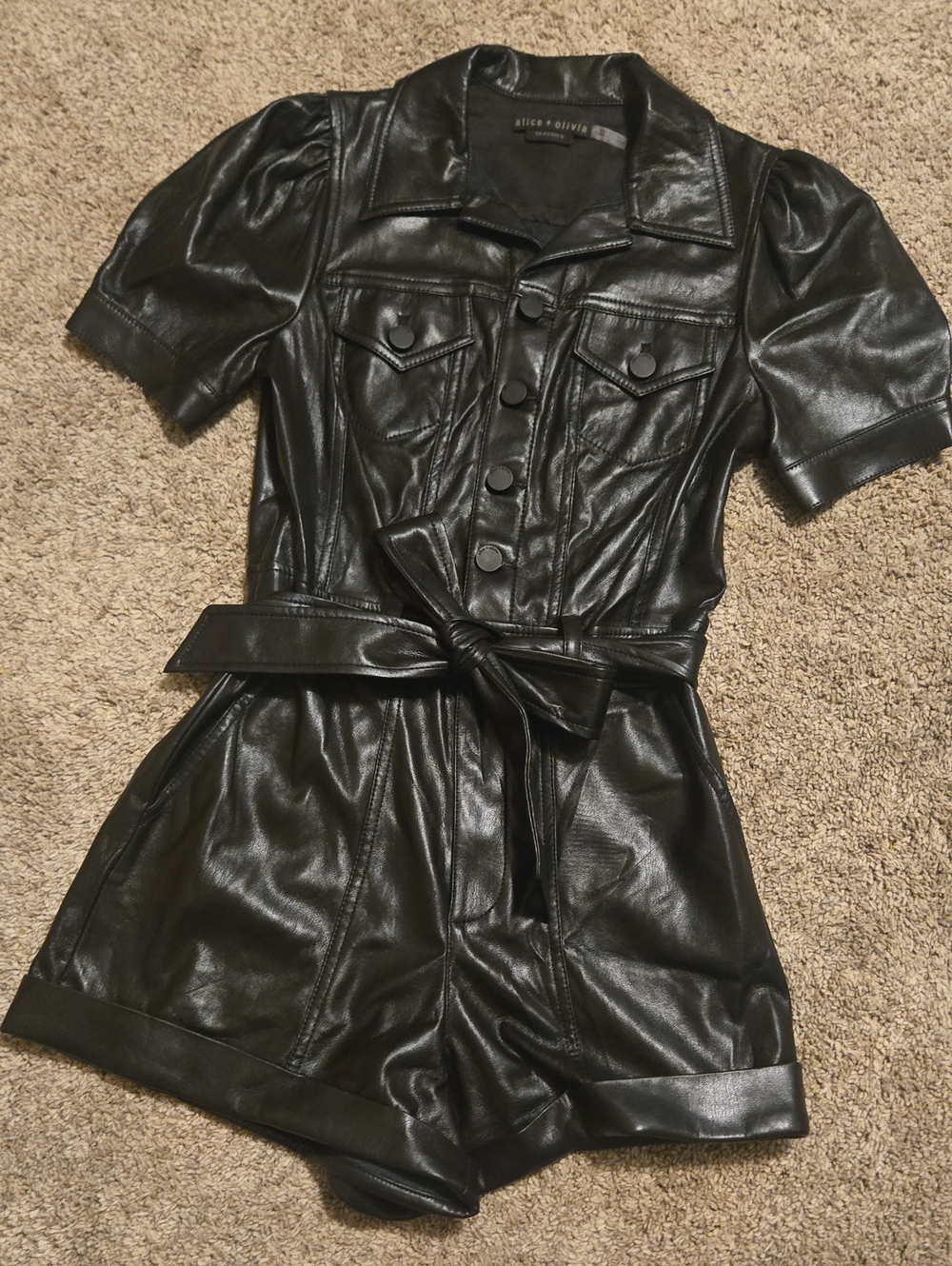 Alice + Olivia Leonie Puff Sleeve Black Vegan Leather Romper - 2